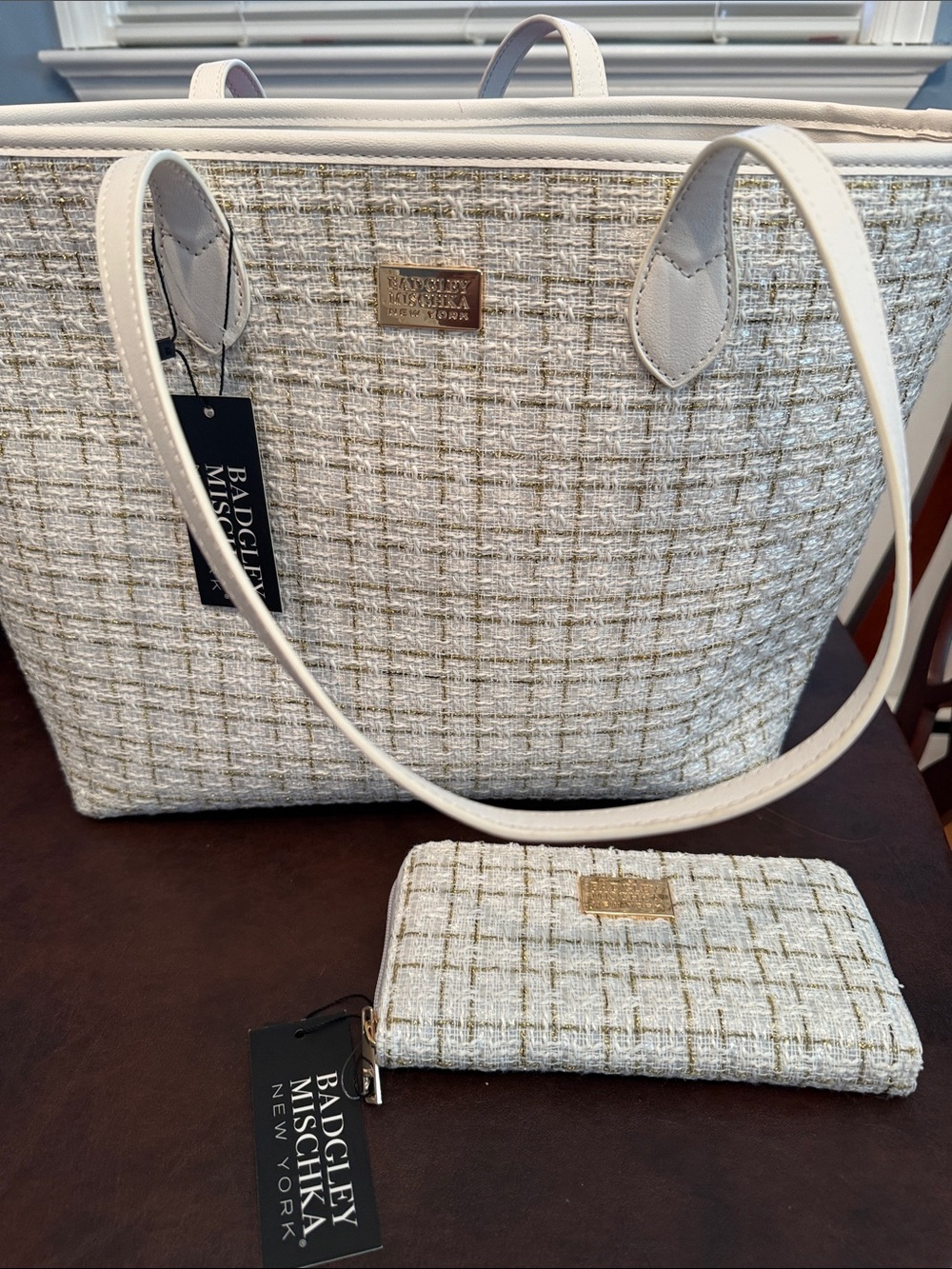 Badgley Mischka Cream Tweed Tote with White Trim and Matching Wallet